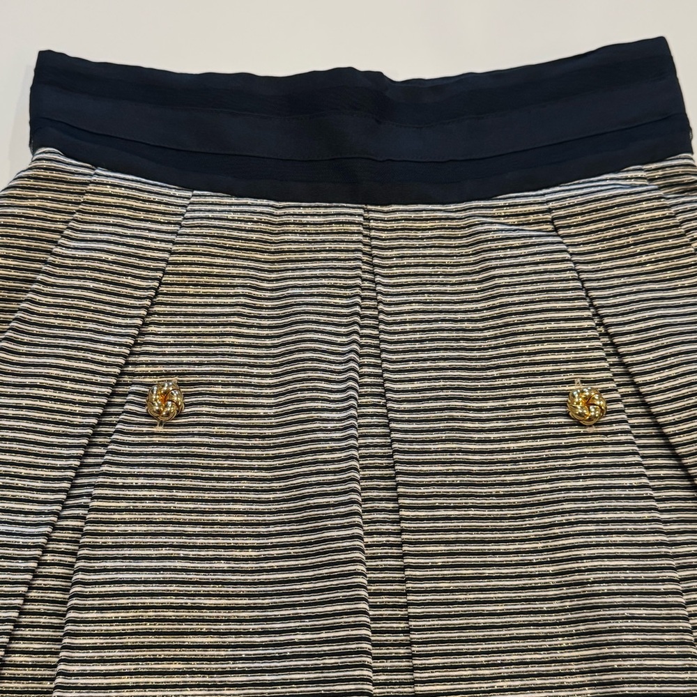 Jennifer Chun Pleated Silk Blend Gold Black White Skirt w/ Pockets Size 4 - Picture 12 of 16